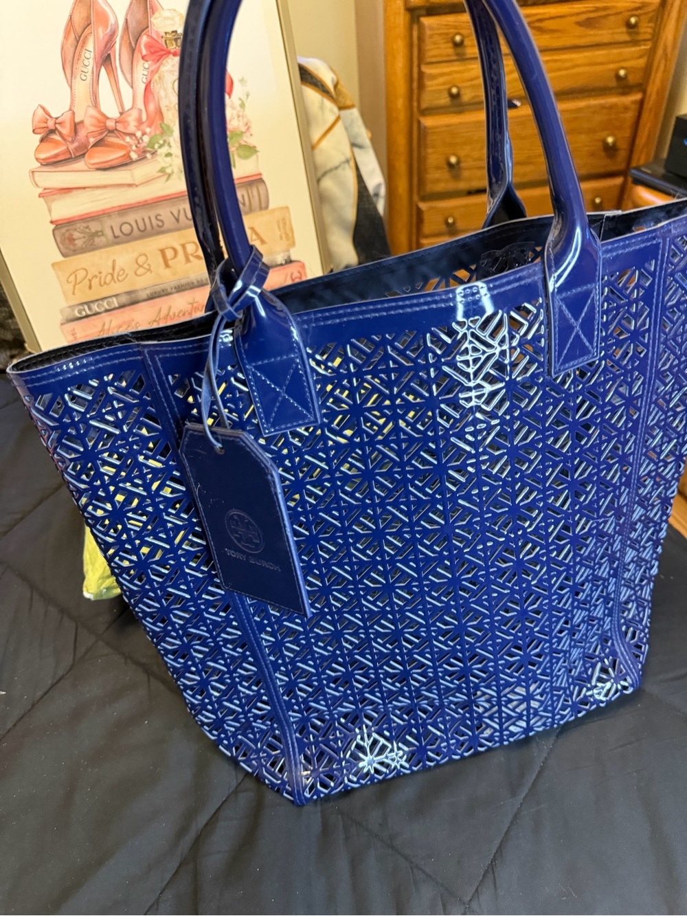 Tory Burch Navy Blue Perforated PVC Lattice Laser-Cut Tote Bag